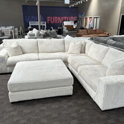Cream White Corduroy Chaise Sectional 