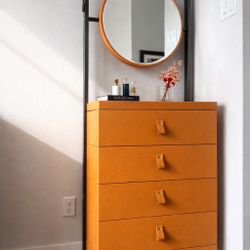 Designer Modern Full-Leather Wrapped Orange Dresser with Mirror – 5 Drawers