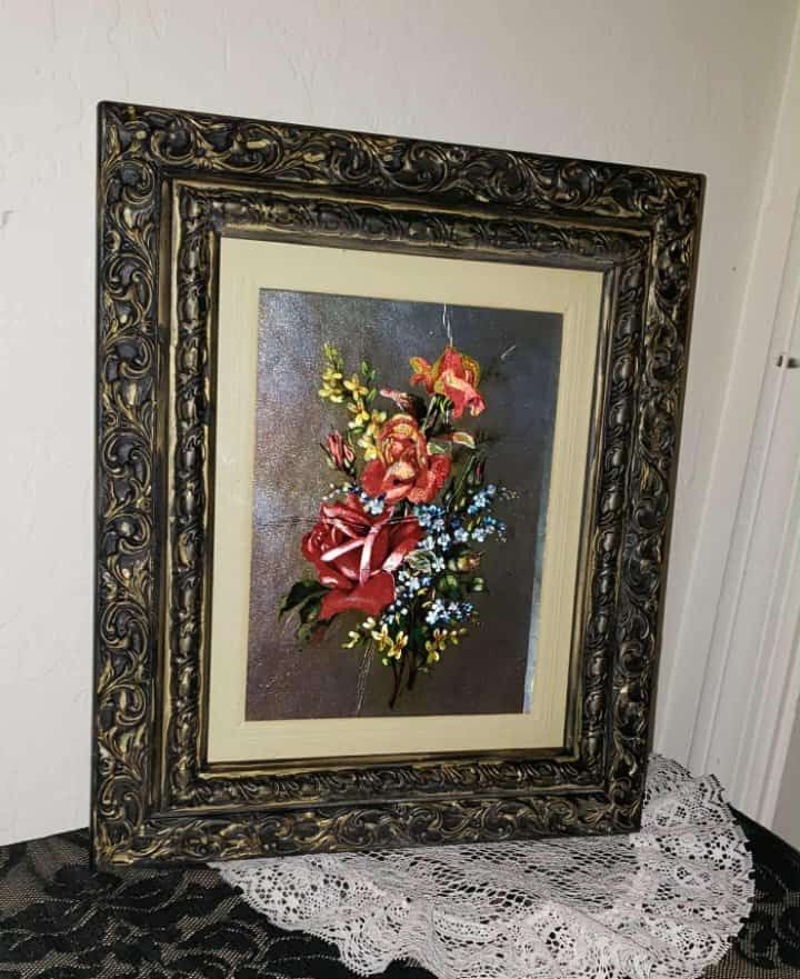 VINTAGE ORNATE GOLD ANTIQUED QUALITY FRAME MATTE FOIL PRINT FLORAL FLOWER ROSE BOUQUET PICTURE ART DECOR 