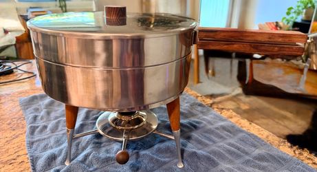 VTG MCM 5 Pc Danish Teak & Stainless Steel Chafing Dish w/ Burner Marked Denmark