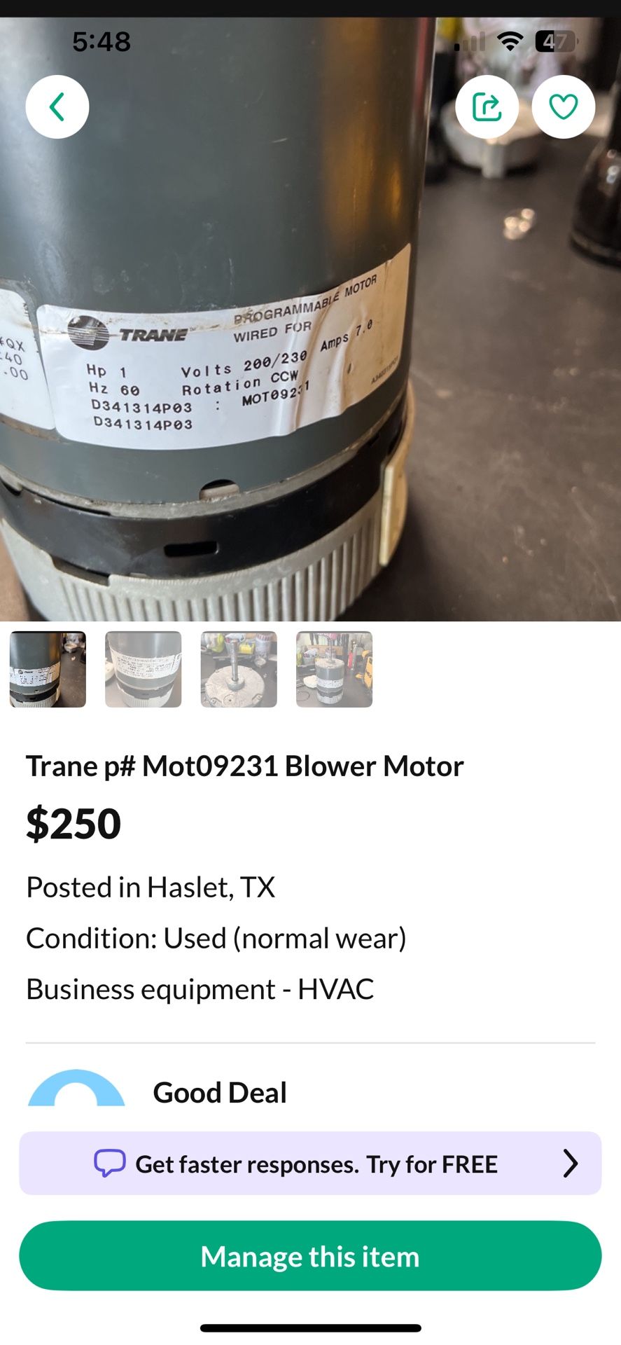 Trane p# Mot09231 Blower Motor