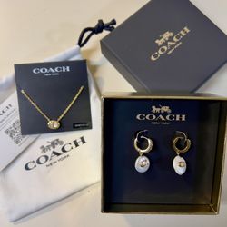 Coach Bundle of 2 Mother of Pearl dangle earring and 16” Minimalist Necklace New