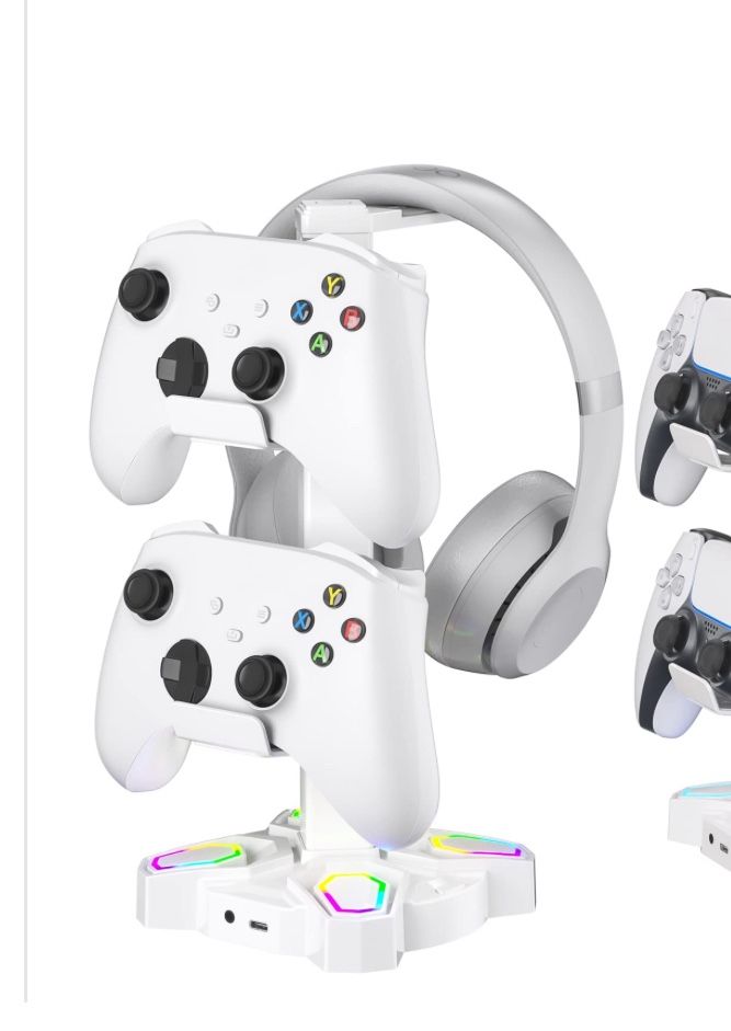 KDD Gaming Headphones Stand, Rotatable Headset Stand With Light Modes - Controller Holder With 2 USB Charging Ports And 3.5mm - Earphone Hanger Access