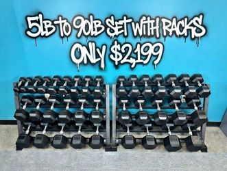 Brand New 5lb to 90lb Dumbbell Set with Racks. 1,710lbs total.