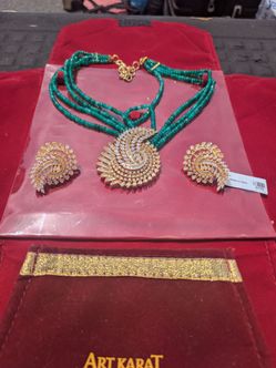 Art Karat 22K Gold Plated Green Beaded Necklace & Earring Set – Handmade India