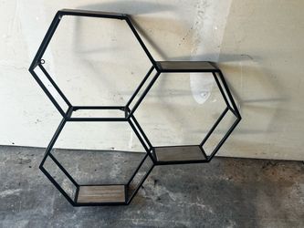 Geometric Honeycomb Hexagon Wall Shelf – Black Metal & Wood