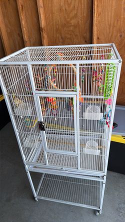 Large Rolling Bird Cage w/ Stand, Perches & Accessories