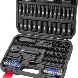 LLNEDL 1/4 Inch Impact Wrench Set, 83 Pieces Metric and SAE Sockets 0.15-0.59 Inch, 5/32-9/16 Inch, 6 Point CR-V Deep and Shallow Drive with Ratchet H