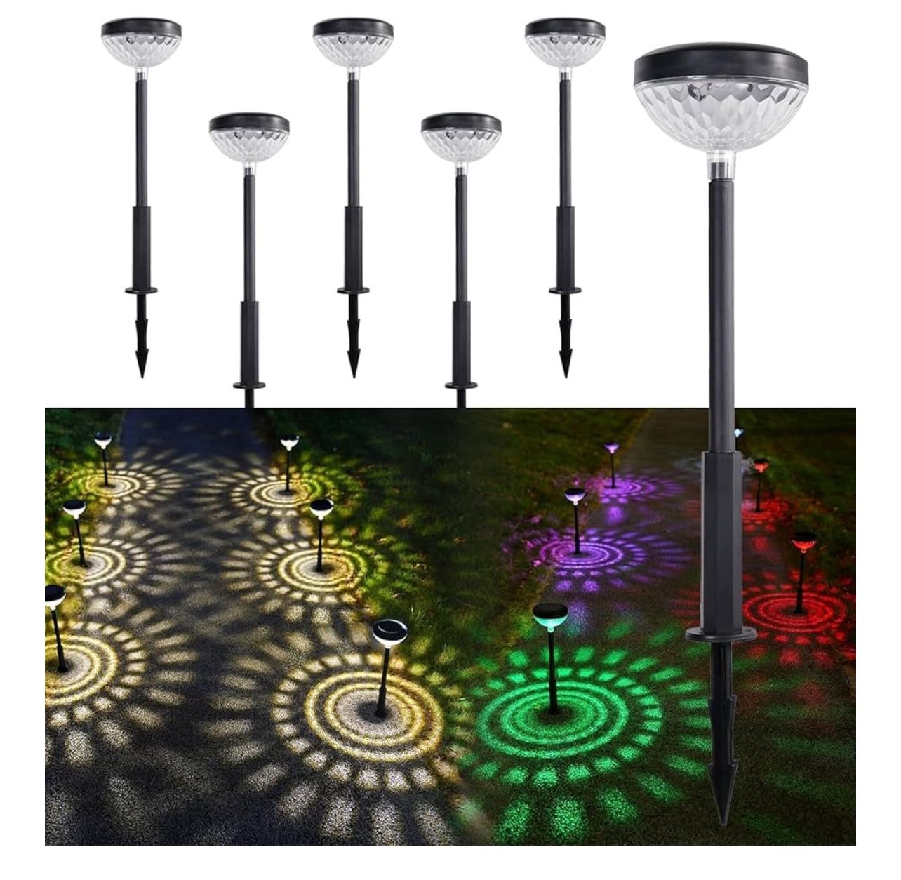 Brandnew 6pk Solar Lights Outdoor Waterproof IP65, 2 Modes LED Warm White & RGB, 6 Pack Solar Pathway Lights 1200mAH Battery,Solar Powered Garden Ligh