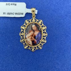 14K Gold virgin Mary & Baby Jesus Pendant 