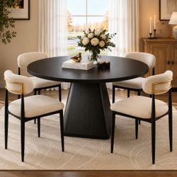 Set of 5pcs Dining Sets , 47 inch Black Round Dining Table  with 4pcs Boucle Upholstered Dining Chairs