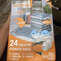 24 Vacuum Storage Bags w/ Electric Pump (Space Saving, New Open Box) 