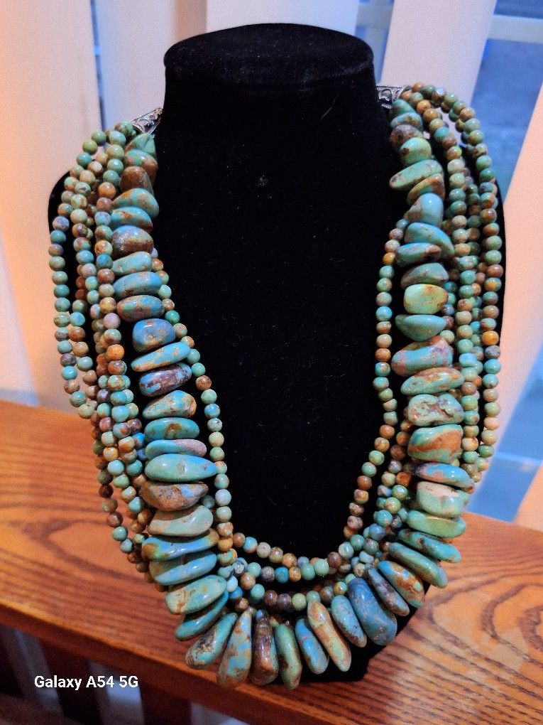 Southwest Style 16-20mm Nugget &4mm Round Natural Turquoise 6 Strand Necklace