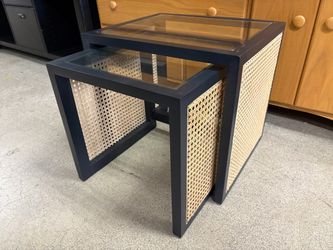 Black Glass Top Nesting End Table with Cane Side Panels (Set of 2)