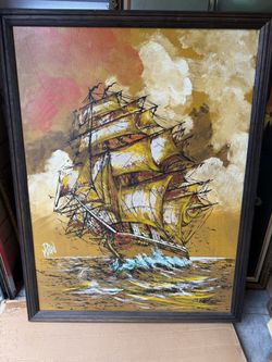 Vintage Ship Painting – 43x33” – Signed Ryan