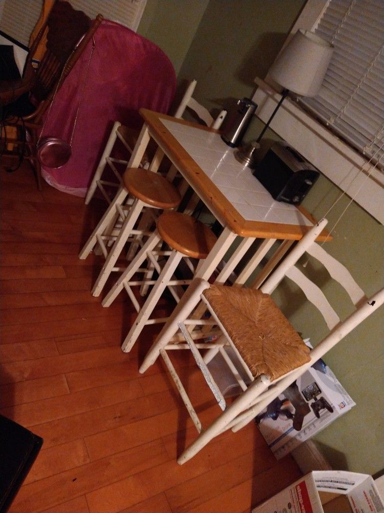 Breakfast Table And 2 Stools And Or 2 Ladder back Bar Height Chairs White And Cedar Color