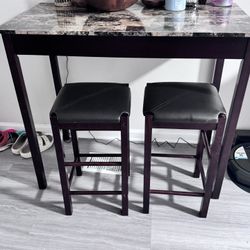 Marble Top Bar Height Table And 2 Stools. 