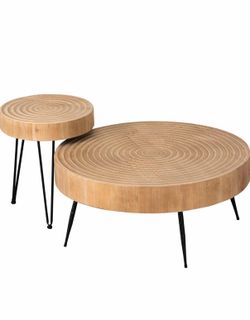2-Piece Round Nesting Coffee Table Set, Natural Wood Top with Black Metal Legs, Ring Pattern – Rustic Farmhouse Accent for Living Room or Bedroom