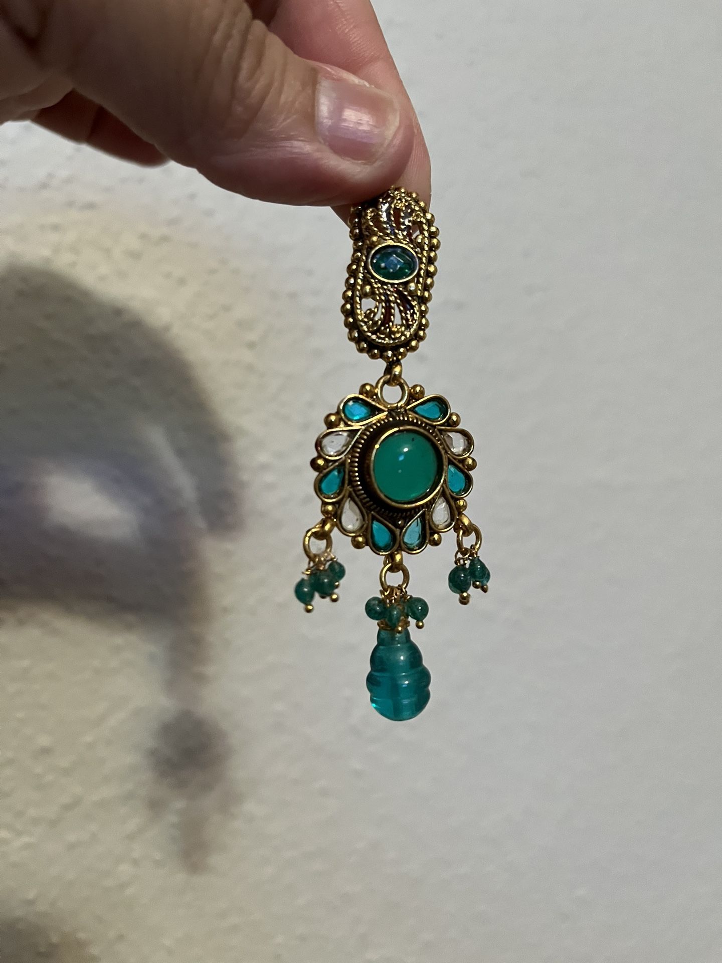 Antique French Byzantine style pendant earring, adorned with blue and green caboons and gold$30