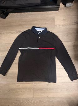 Tommy Hilfiger black long sleeve polo shirt with white and red horizontal stripe across the chest, size L #preppy #classic