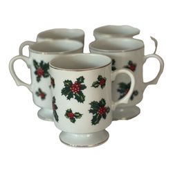 5 Vintage Lefton China Footed Mugs with Handles and Holly