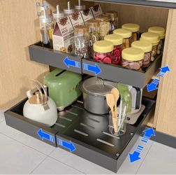 2 Pack 21'' Deep Pull Out Cabinet Organizer Expandable Width (12.6'' to 21'') Slide Out Drawers Pull Out Drawers Fixed with Adhesive Nano Film or Nail