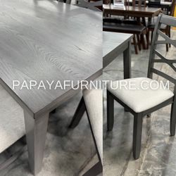 New 6PC Dining Room Table And Chair Bench Grey Gray Wood Wooden Furniture Sale Modern Contemporary Kitchen Dinette Set Designer Style