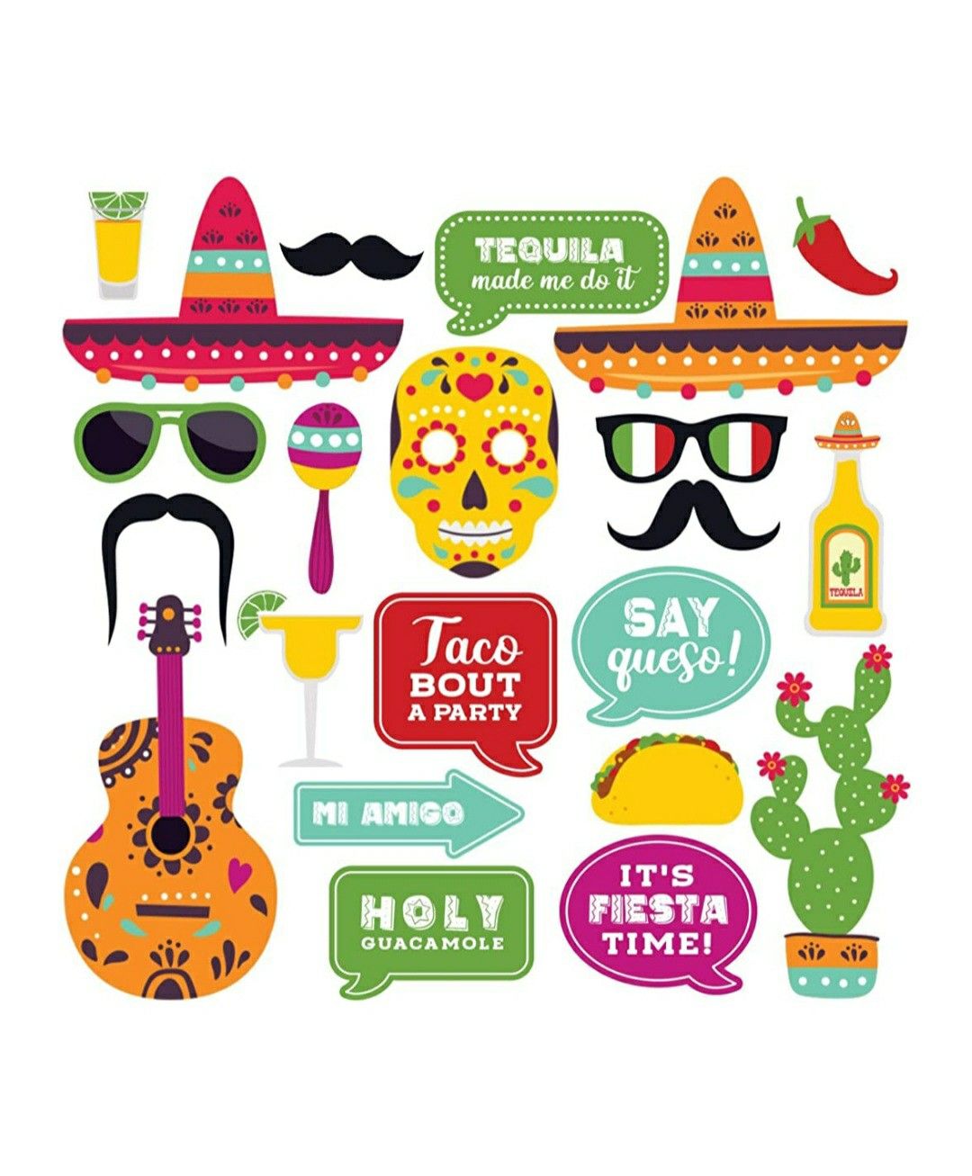 Fully Assembled Fiesta Photo Booth Props. 30 Piece Box Set of Mexican Fiesta, Taco Party Decorations Kit. Colorful Cinco De Mayo Selfie Party Supplies