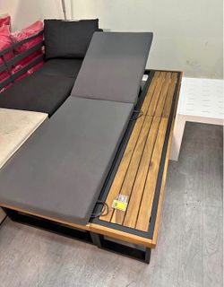 New Outdoor Patio Chaise Lounge Metal Frame Acacia Wood Adjustable 3-Fold Cushions Pool Side Recline