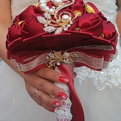 Burgundy Satin Rose Bridal Bouquet With Lace Wrap