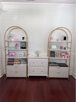 Gold & White Furniture Set- Bookshelves, File Cabinet, and Bar height table/desk