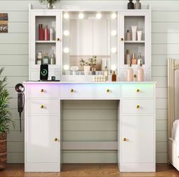 HUANLEGO White Vanity Desk with Mirror and Lights for Girls Women Makeup Vanity Mirror with Lights, LED RGB Lights Strip, Power Outlet, 7 Drawers, 2 S