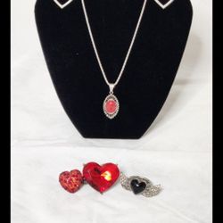 Heart Themed Bundle/Lot of Jewelry. Necklace, Earrings, & Adjustable Rings