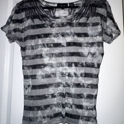 Miss Me Beaded Black and Gray Striped Tee Size Small