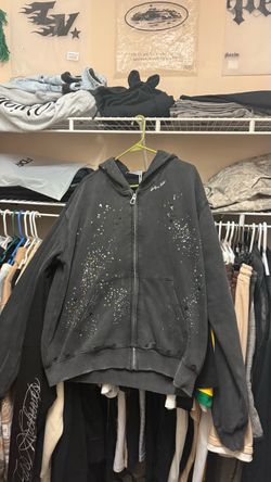 Washed Gray Rhinestone Zip-Up Hoodie