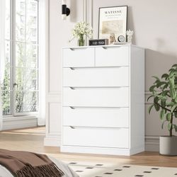 6 Drawer White Dresser, Vertical Chest of Drawers Wood Storage Cabinet for Bedroom Living Room