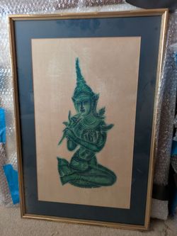 Vintage Charcoal Temple Rubbing Art From Thailand.  Rice Paper & Beautifully Framed.
