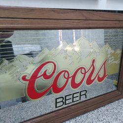 Vintage 1987 Coors Beer Sign Mirror Wood Frame Silver & Gold Mountains 28” x 18”