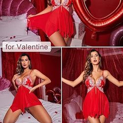 Avidlove Valentine Lingerie Dress Mesh Sheer Lace Babydoll Chemise Lingerie Set Red Sleep Wear