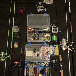 Fishing Equipment 4 Rods, Tackle Boxes, Spinning Reels, Bait,hooks, Extra Line