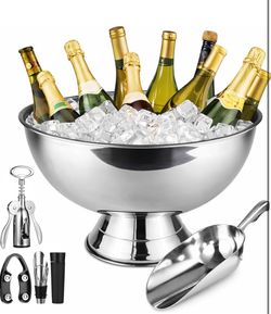 Stainless Steel Champagne Bowl Ice Bucket, 13.5 L Large Ice Bucket with Scoop Tongs, Wine Opener, Wine Stoppers, Ice Buckets for Parties, Silver Wine 