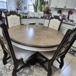 Round Wood Dining Table Set with 4 Upholstered Chairs – Traditional Style