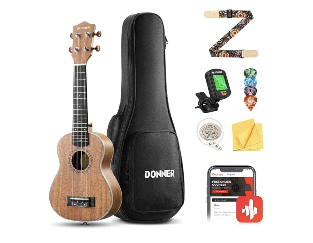 Donner Concert Ukulele Beginner Kit 23 inch Ukelele Mahogany Wood with Free Online Lesson Gig Bag Strap Nylon String Tuner Picks Ukalalee Yukalalee Bu