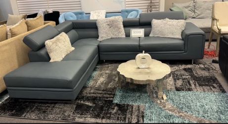 Blue Leather L-Shape Sectional Sofa with Chaise