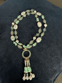 Mint Green Beaded Tassel Statement Necklace  18 inches long