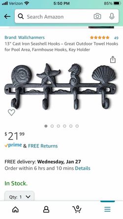 Brand New Cast Iron Beach Themed Seashell Hooks for Keys, Towels, Dog Leashes, etc
