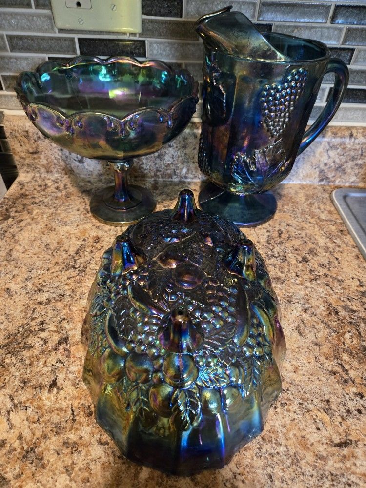Vintage Iridescent Blue Carnival Glass Pitcher & Bowls