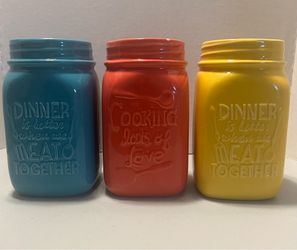 Set of 3 Ceramic Mason Jar Style Utensil Crocks – Farmhouse Kitchen Decor