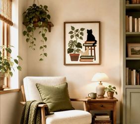 New BP Home Woven Embroidered Textile Wall Art Plants Cat Books 14.5” x 18.5