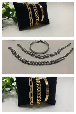 Punk Style 3pcs/Set Curb Cuban Chain bracelet, Gold and Silver Color (2 Sets)